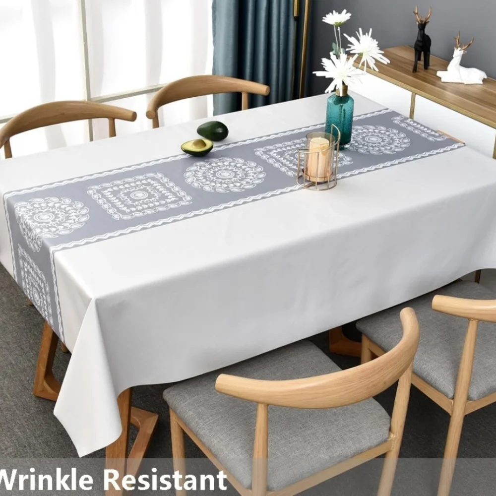 New TruDelve Premium  Rectangle Soft Gray/White Vinyl Waterproof Tablecloth